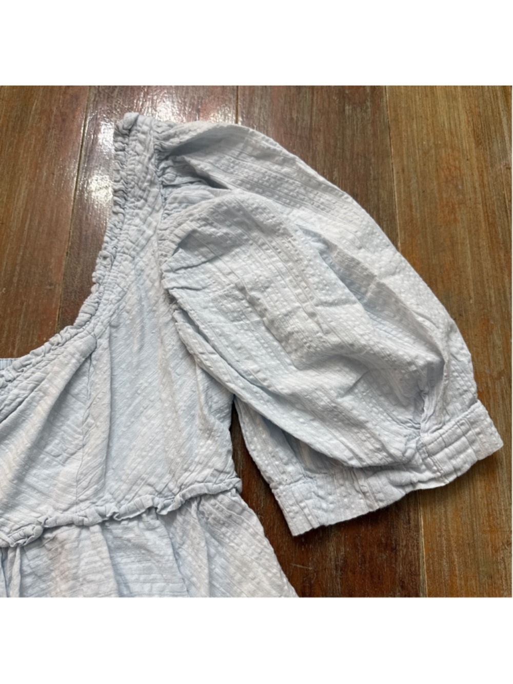 Free People Baby Blue Seersucker Puff Sleeve Babydoll Top Smocked Back S - Picture 3 of 11